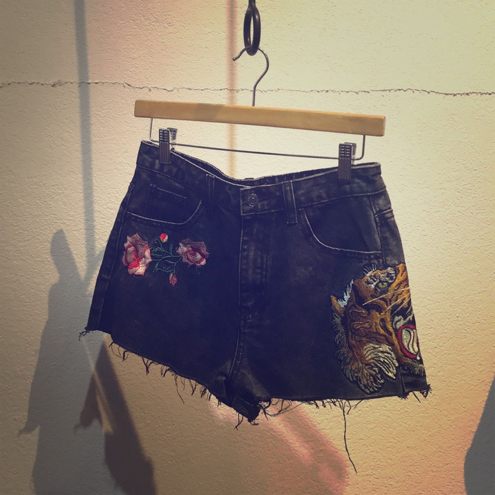 Black embroidered high waisted shorts